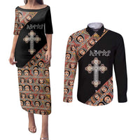 Personalized Ethiopian Orthodox Church Angel Couples Matching Puletasi and Long Sleeve Button Shirt Black Color