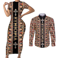 Personalized Ethiopian Tewahedo Angel Orthodox Couples Matching Short Sleeve Bodycon Dress and Long Sleeve Button Shirt Black Color