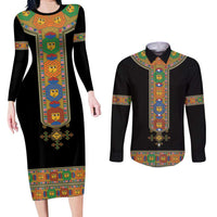 Ethiopia Saba Kemis Couples Matching Long Sleeve Bodycon Dress and Long Sleeve Button Shirt Habesha Style Black Color