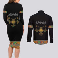 Ethiopia Saba Kemis Couples Matching Long Sleeve Bodycon Dress and Long Sleeve Button Shirt Habesha Style Black Color