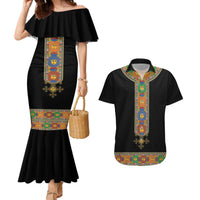 Ethiopia Saba Kemis Couples Matching Mermaid Dress and Hawaiian Shirt Habesha Style Black Color