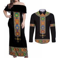 Ethiopia Saba Kemis Couples Matching Off Shoulder Maxi Dress and Long Sleeve Button Shirt Habesha Style Black Color