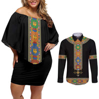 Ethiopia Saba Kemis Couples Matching Off Shoulder Short Dress and Long Sleeve Button Shirt Habesha Style Black Color