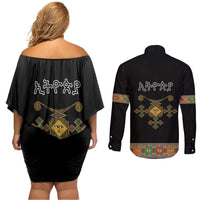 Ethiopia Saba Kemis Couples Matching Off Shoulder Short Dress and Long Sleeve Button Shirt Habesha Style Black Color