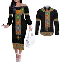 Ethiopia Saba Kemis Couples Matching Off The Shoulder Long Sleeve Dress and Long Sleeve Button Shirt Habesha Style Black Color