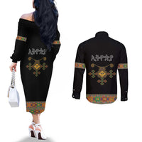 Ethiopia Saba Kemis Couples Matching Off The Shoulder Long Sleeve Dress and Long Sleeve Button Shirt Habesha Style Black Color