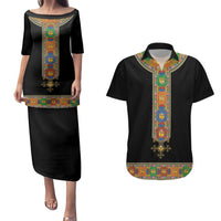 Ethiopia Saba Kemis Couples Matching Puletasi and Hawaiian Shirt Habesha Style Black Color