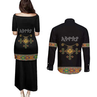 Ethiopia Saba Kemis Couples Matching Puletasi and Long Sleeve Button Shirt Habesha Style Black Color