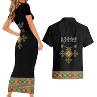 Ethiopia Saba Kemis Couples Matching Short Sleeve Bodycon Dress and Hawaiian Shirt Habesha Style Black Color