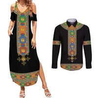 Ethiopia Saba Kemis Couples Matching Summer Maxi Dress and Long Sleeve Button Shirt Habesha Style Black Color