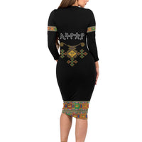 Ethiopia Saba Kemis Family Matching Long Sleeve Bodycon Dress and Hawaiian Shirt Habesha Style Black Color