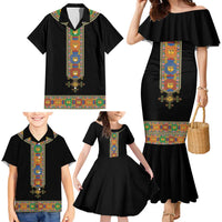 Ethiopia Saba Kemis Family Matching Mermaid Dress and Hawaiian Shirt Habesha Style Black Color