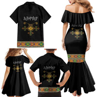 Ethiopia Saba Kemis Family Matching Mermaid Dress and Hawaiian Shirt Habesha Style Black Color