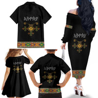 Ethiopia Saba Kemis Family Matching Off The Shoulder Long Sleeve Dress and Hawaiian Shirt Habesha Style Black Color