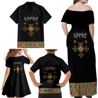 Ethiopia Saba Kemis Family Matching Off Shoulder Maxi Dress and Hawaiian Shirt Habesha Style Black Color