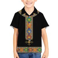 Ethiopia Saba Kemis Family Matching Short Sleeve Bodycon Dress and Hawaiian Shirt Habesha Style Black Color