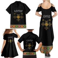 Ethiopia Saba Kemis Family Matching Summer Maxi Dress and Hawaiian Shirt Habesha Style Black Color