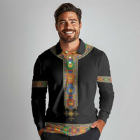 Ethiopia Saba Kemis Long Sleeve Polo Shirt Habesha Style Black Color