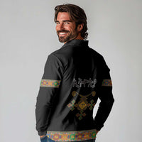 Ethiopia Saba Kemis Long Sleeve Polo Shirt Habesha Style Black Color
