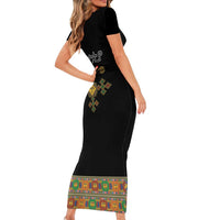 Ethiopia Saba Kemis Short Sleeve Bodycon Dress Habesha Style Black Color