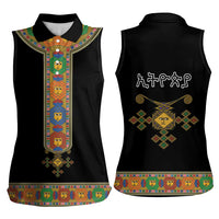 Ethiopia Saba Kemis Women Sleeveless Polo Shirt Habesha Style Black Color