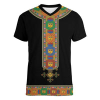 Ethiopia Saba Kemis Women V-Neck T-Shirt Habesha Style Black Color