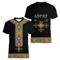 Ethiopia Saba Kemis Women V-Neck T-Shirt Habesha Style Black Color