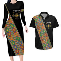 Ethiopia Saba Kemis Couples Matching Long Sleeve Bodycon Dress and Hawaiian Shirt Sash Style Black Color
