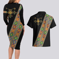Ethiopia Saba Kemis Couples Matching Long Sleeve Bodycon Dress and Hawaiian Shirt Sash Style Black Color