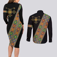 Ethiopia Saba Kemis Couples Matching Long Sleeve Bodycon Dress and Long Sleeve Button Shirt Sash Style Black Color