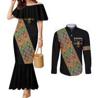 Ethiopia Saba Kemis Couples Matching Mermaid Dress and Long Sleeve Button Shirt Sash Style Black Color