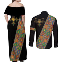 Ethiopia Saba Kemis Couples Matching Off Shoulder Maxi Dress and Long Sleeve Button Shirt Sash Style Black Color