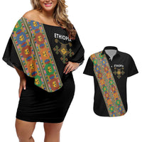 Ethiopia Saba Kemis Couples Matching Off Shoulder Short Dress and Hawaiian Shirt Sash Style Black Color