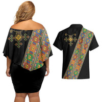 Ethiopia Saba Kemis Couples Matching Off Shoulder Short Dress and Hawaiian Shirt Sash Style Black Color