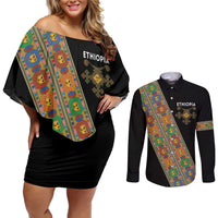 Ethiopia Saba Kemis Couples Matching Off Shoulder Short Dress and Long Sleeve Button Shirt Sash Style Black Color