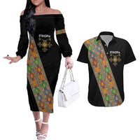 Ethiopia Saba Kemis Couples Matching Off The Shoulder Long Sleeve Dress and Hawaiian Shirt Sash Style Black Color