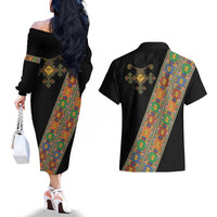 Ethiopia Saba Kemis Couples Matching Off The Shoulder Long Sleeve Dress and Hawaiian Shirt Sash Style Black Color