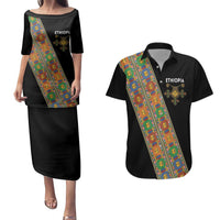 Ethiopia Saba Kemis Couples Matching Puletasi and Hawaiian Shirt Sash Style Black Color