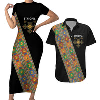 Ethiopia Saba Kemis Couples Matching Short Sleeve Bodycon Dress and Hawaiian Shirt Sash Style Black Color
