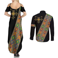 Ethiopia Saba Kemis Couples Matching Summer Maxi Dress and Long Sleeve Button Shirt Sash Style Black Color