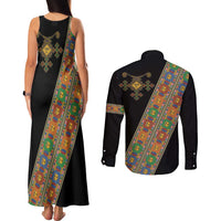 Ethiopia Saba Kemis Couples Matching Tank Maxi Dress and Long Sleeve Button Shirt Sash Style Black Color