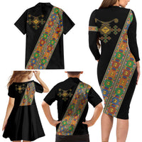 Ethiopia Saba Kemis Family Matching Long Sleeve Bodycon Dress and Hawaiian Shirt Sash Style Black Color