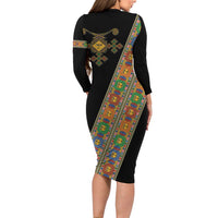 Ethiopia Saba Kemis Family Matching Long Sleeve Bodycon Dress and Hawaiian Shirt Sash Style Black Color