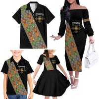 Ethiopia Saba Kemis Family Matching Off The Shoulder Long Sleeve Dress and Hawaiian Shirt Sash Style Black Color