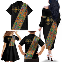 Ethiopia Saba Kemis Family Matching Off The Shoulder Long Sleeve Dress and Hawaiian Shirt Sash Style Black Color