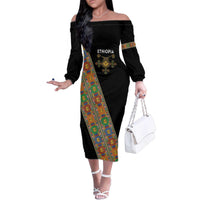 Ethiopia Saba Kemis Family Matching Off The Shoulder Long Sleeve Dress and Hawaiian Shirt Sash Style Black Color