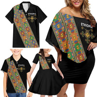Ethiopia Saba Kemis Family Matching Off Shoulder Short Dress and Hawaiian Shirt Sash Style Black Color