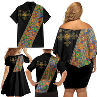 Ethiopia Saba Kemis Family Matching Off Shoulder Short Dress and Hawaiian Shirt Sash Style Black Color