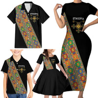Ethiopia Saba Kemis Family Matching Short Sleeve Bodycon Dress and Hawaiian Shirt Sash Style Black Color