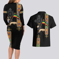 Ethiopia Saba Kemis Couples Matching Long Sleeve Bodycon Dress and Hawaiian Shirt Ethiopian Cross Lion Of Judah Black Color